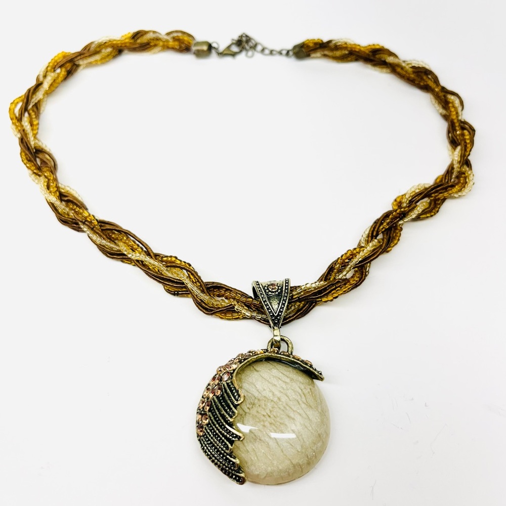 Pretty Multi Strand Necklace  beads Round Pendant Sparkly Amber tones CK 6